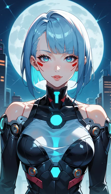 score_9, score_8_up, score_7_up, Anime Style, Portrait, cute android girl, black android, glossy black, seductive, innocent, light smile:0.3, plump lips, slender body, wearing transparent science fiction clothes, hands, breathtaking grandeur, LED internal lighting, cyberpunk style, fibre optic hair, glowing blue iris, cyborg, full moon, distopian futuristic city background, depth of field, dynamic angle, fashion photography, sharp, hyperdetailed:1.15
