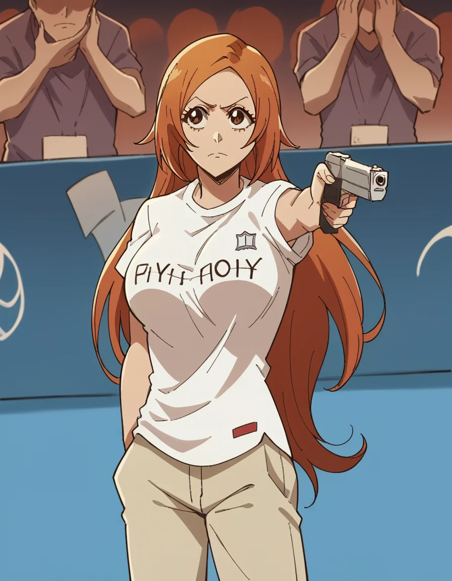 score_9, score_8_up, score_7_up, source_anime, <lora:inoue-orihime-tybw-ponyxl-lora-nochekaiser:1>, inoue orihime, long hair, orange hair, brown eyes, large breasts,, <lora:yusuf-dikec-ponyxl-lora-nochekaiser:1> yusuf dikec, yusuf dikec (meme), meme, hand in pocket, handgun, holding gun, gun, shirt, t-shirt, pants, audience,, , cowboy shot,