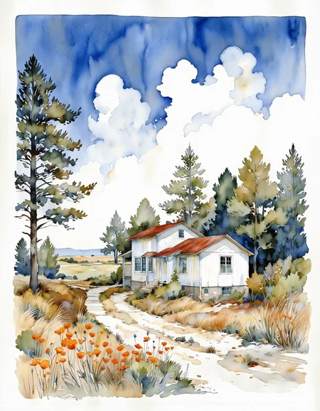 Ablatamahota style. A watercolor painting of a white house with a red roof nestled among tall pine trees and wildflowers, set against a bright blue sky with fluffy white clouds. the house is situated in the middle of the image, with a dirt path leading up to it, separating it from the rest of the landscape. the path is lined with dry grasses and orange poppies, adding a splash of color to the otherwise serene scene. in the foreground, a lone pine tree stands tall, providing a touch of contrast to the white house. the painting has a soft, muted color palette with hints of blues, greens, and yellows, creating a peaceful and idyllic atmosphere. overall, the image conveys a sense of tranquility and serenity, inviting the viewer to take a moment to appreciate the beauty of nature.