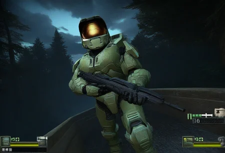 masterpiece, best quality, solo, looking at viewer, 1boy, <lora:left4dead2-Style-illus_Fp:1>, 3d, cloudy sky, gameplay mechanics, user interface, night, forest, space, <lora:masterchief-halo-richy-v1_ixl:1>, masterchief, helmet, visor, power armor, rifle, full body,