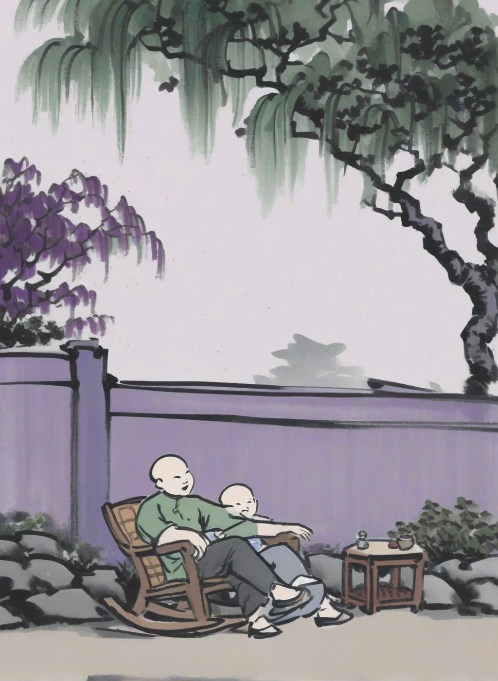 masterpiece,1bald man lying on rocking chair,under the tree,plants,purple cheongsam,1gril|1boy| is chasing each other,brown cheongsam,green cheongsam,garden,wind,Chinese modern comics,Chinese modern comics style,<lora:Chinese modern comics style_epoch_4:1>,