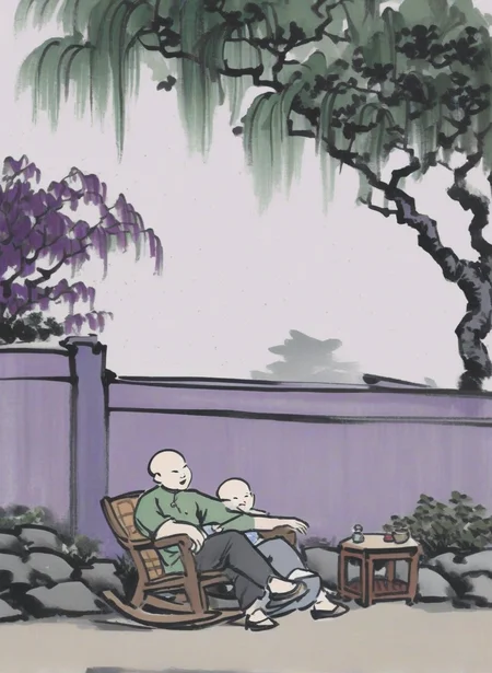 masterpiece,1bald man lying on rocking chair,under the tree,plants,purple cheongsam,1gril|1boy| is chasing each other,brown cheongsam,green cheongsam,garden,wind,Chinese modern comics,Chinese modern comics style,<lora:Chinese modern comics style_epoch_4:1>,