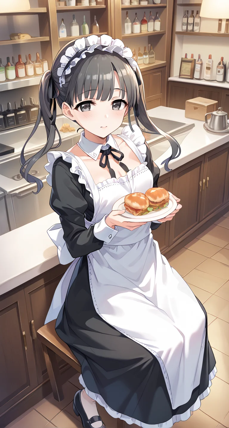 score_9,score_8_up,score_7_up,
official art,official style,game cg,megami magazine,
uncensored,
1girl,
kbykwse miyabinigohoushi,kobayakawa sae,black eyes,black hair,
dress,long hair,alternate costume,apron,black dress,black footwear,black ribbon,
blush,collarbone,detached collar,enmaided,frilled hairband,frills,hairband,
long sleeves,maid,neck ribbon,ribbon,sidelocks,twintails,white apron,
<lora:idolmaster_kobayakawa_sae_pony_v1:1>,