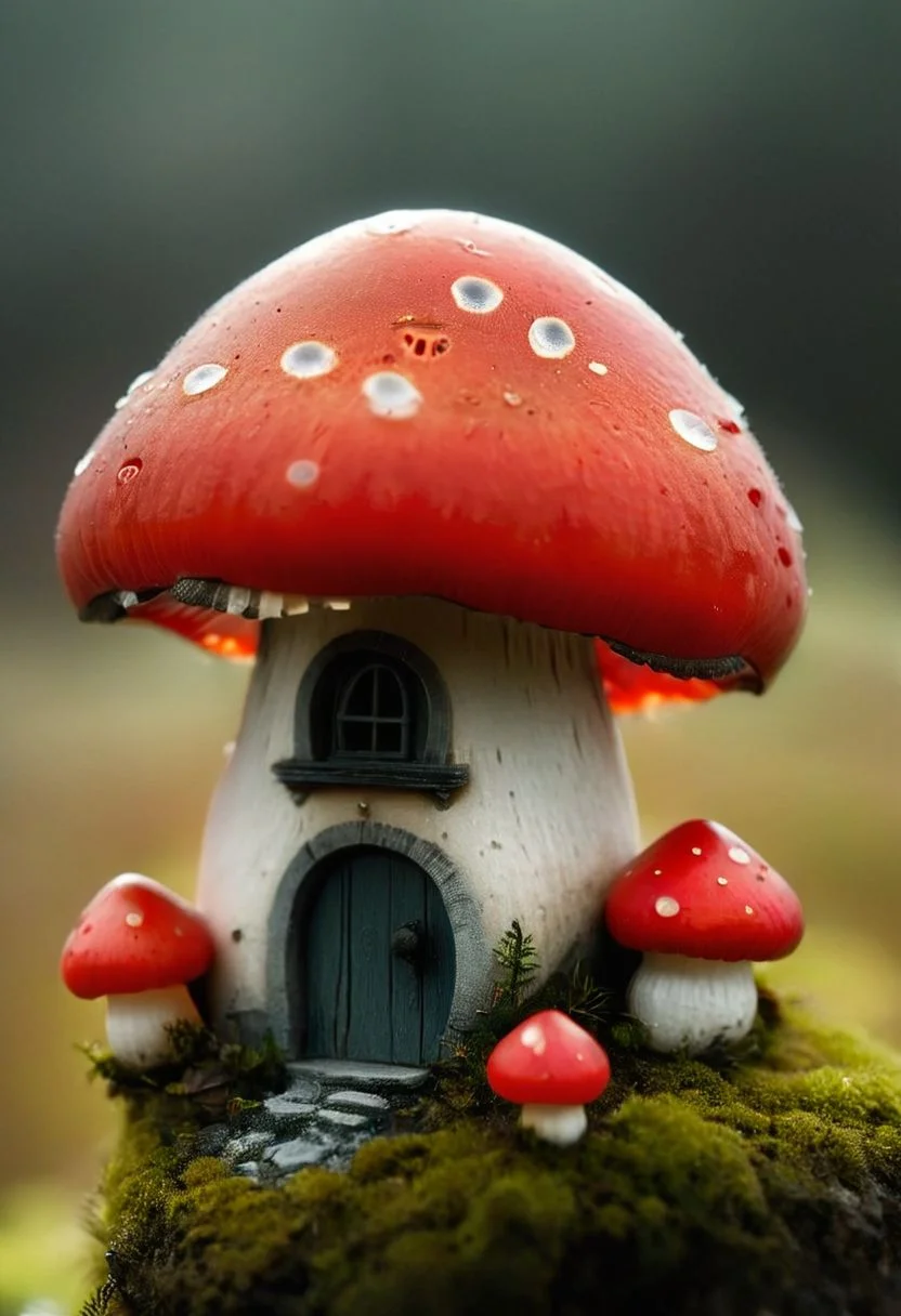 Hobbit Hole,, a closeup macro photo of a slightly red/white translucent small fly agaric mushroom with little Houses on its surface, Super Closeup, a Huge floating Natural mushroom habitus, Spiritual Ethereal installation,
deep Blacks, very detailed, atmospheric haze, Film grain, cinematic film still, shallow depth of field, highly detailed, high budget, cinemascope, moody, epic, OverallDetail, 2000s vintage RAW photo, photorealistic, candid camera, color graded cinematic, eye catchlights, atmospheric lighting, imperfections, natural, shallow dof