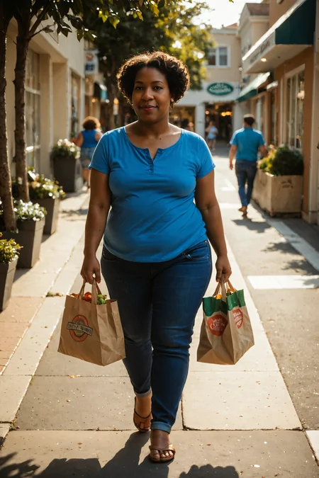 score_9, score_8_up, score_7_up, source_photo, 
Loretta Brown, Curly Black Hair, Black Woman, Dark Skin, jeans, chubby, blue top, 
Holdong grocery bag, neighbourhood, sidewalk, walking, 
natural lighting,