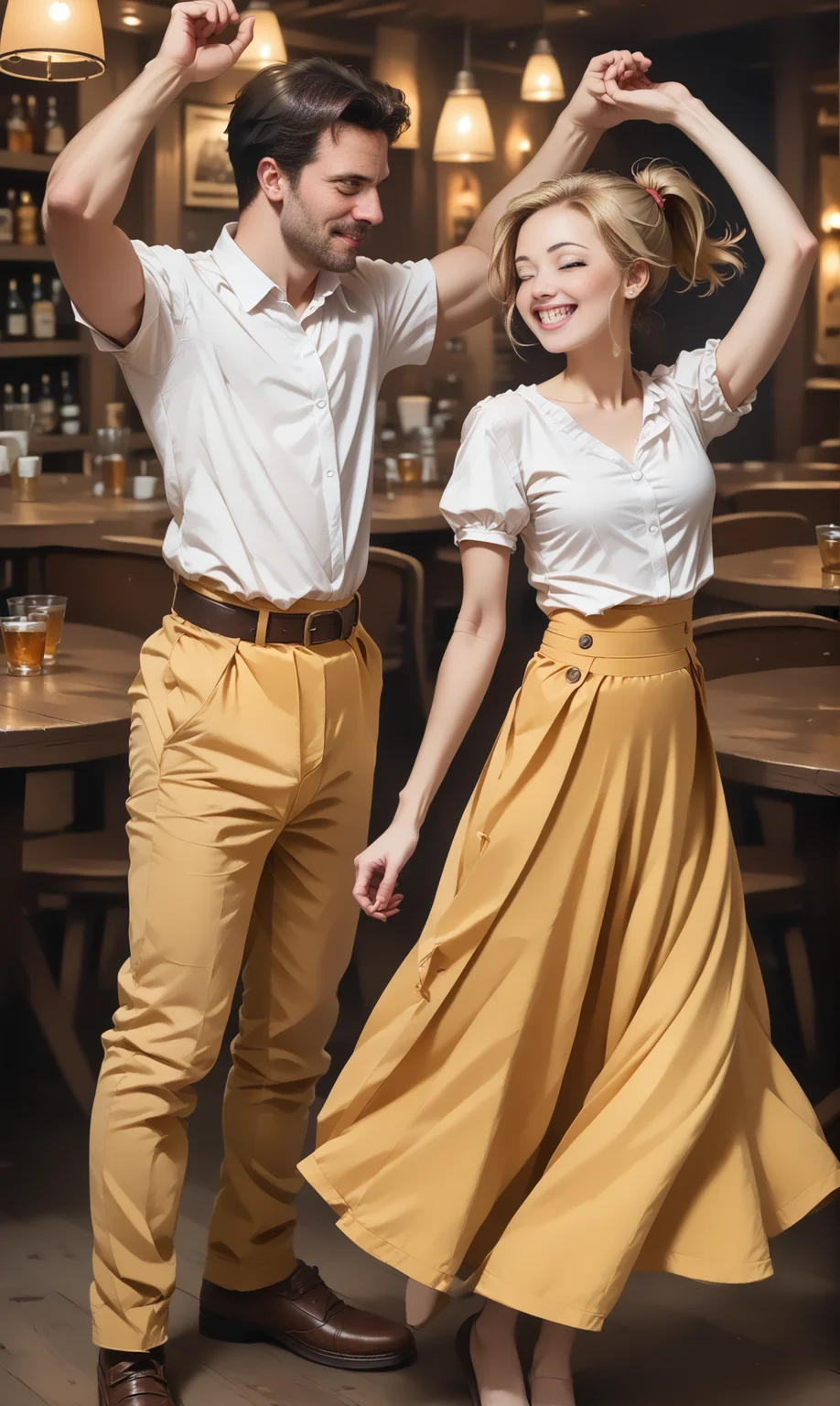 score_9, score_8_up, score_7_up, BREAK, DanWiTu, (slim female) and a male dancing together in pub. The female wears yellow skirt and white blouse, short blonde ponytail .
<lora:DanceWithTurnPony:1>