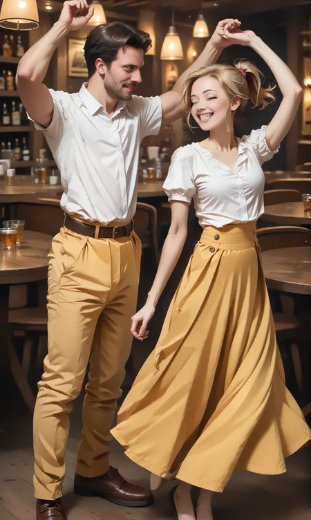 score_9, score_8_up, score_7_up, BREAK, DanWiTu, (slim female) and a male dancing together in pub. The female wears yellow skirt and white blouse, short blonde ponytail .
<lora:DanceWithTurnPony:1>