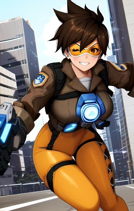 best quality, 1girl, brown eyes, dynamic pose, grin, one eye closed, city, (yellow legwear:0.8), daytime, corneo_tracer
