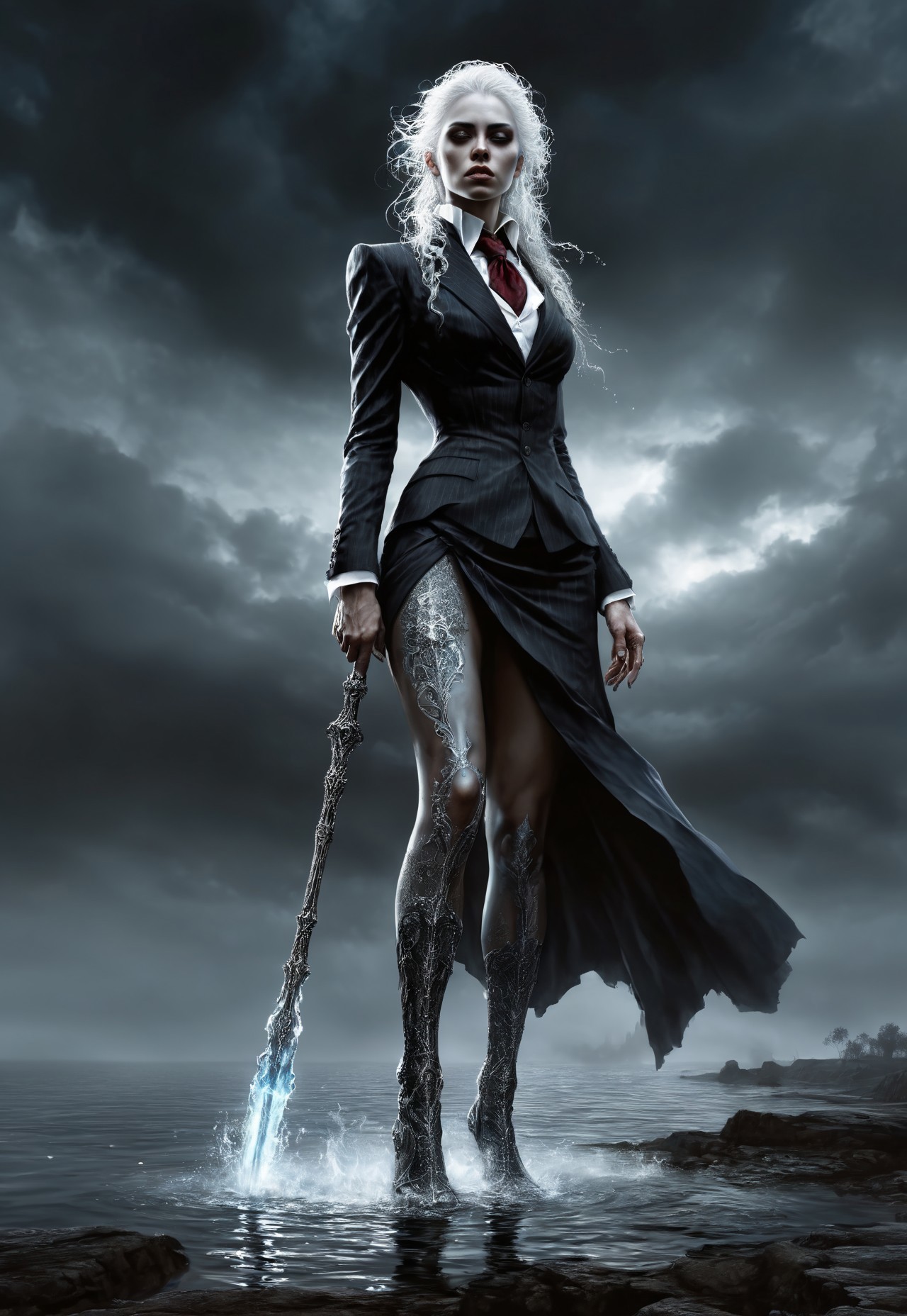 safe_pos, Dark Moody cold Atmosphere, Avant-garde, dark background, painting, best quality, masterpiece (Luis Royo style drawing), Mystical light, fog. silhouette art, beautiful tall female water elemental, business suit with an oxford know tie, busty enraged albino with supermodel long thin legs, , exaggerated super aggressive posture, fancy sexy ice boots, holding up to the sky a magic wand of ice power,  vivid textures, edgy, surrealism