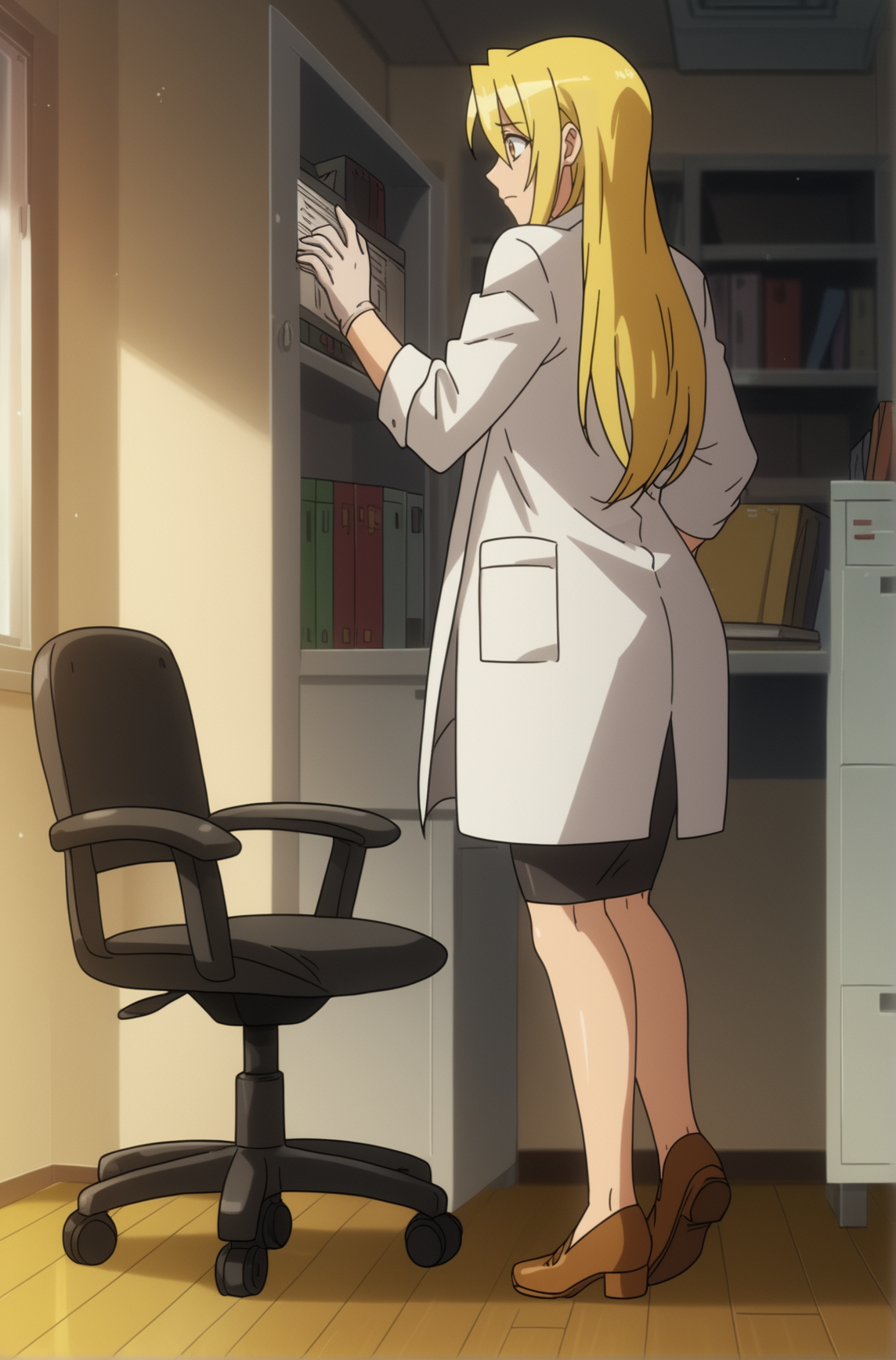 <lora:Shizuka_Marikawa:0.8>, Shizuka Marikawa, 1girl, solo, indoors, book, brown footwear, chair, lab coat, bookshelf, swivel chair, office chair