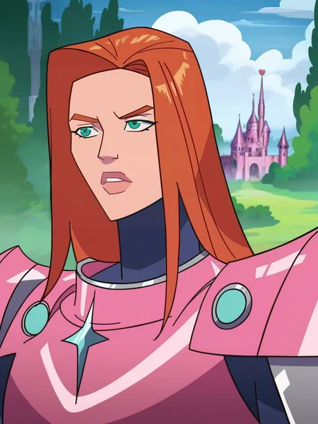 <lora:Atomic_EvaV2:0.9> a_e, 1girl, ginger long hair, green eyes, pink lips, ((steel knight armor)), castle background,, score_9, score_8_up, score_7_up,