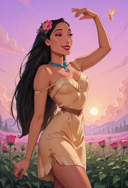 DisneyPocahontas, 1girl, black hair, dark brown  eyes, long hair, dark skin, solo, POH-Illu, flowers, hair flowers, hair ornament,
fae, fairy, playful, sexy, teasing, dancing, in a garden, sunshine, puffy clouds, hazy sunshine,
slender,
intricate sundress, festival dress,
slender hips, tiny waist, 
strap slip, cleavage, small breasts,
masterpiece, best quality, newest, absurdres, highres, very awa