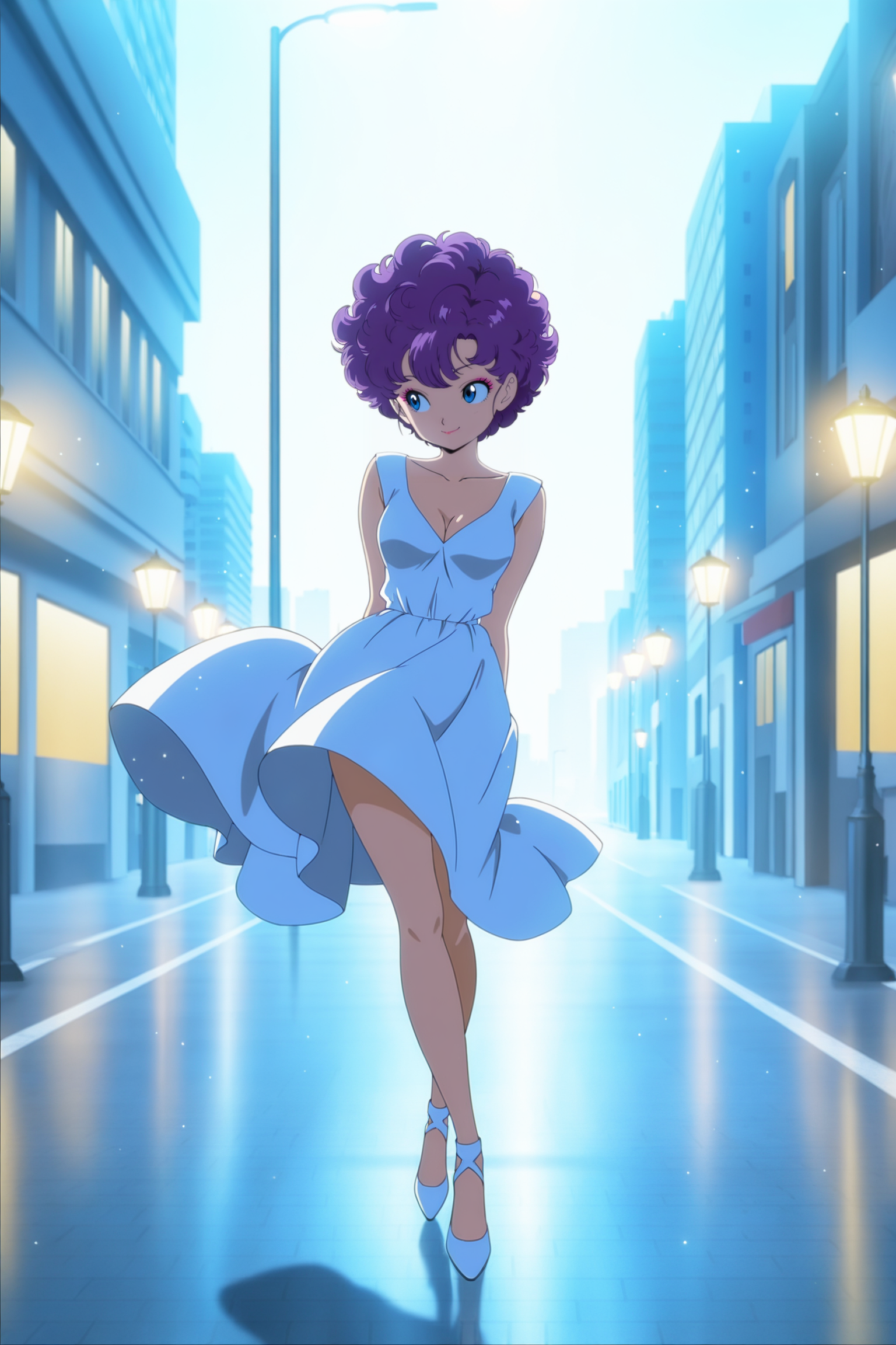 anime screencap, masterpiece, best quality, amazing quality, very aesthetic, absurdres,  newest, (scenery, volumetric lighting), official style, light particles, light rays, dappled moonlight,
ranfan, official style, marylin monroe pose, 1girl, solo, breasts, smile, short hair, blue eyes, cleavage, standing, full body, purple hair, small breasts, holding dress, (white dress), white high heels, gradient, gradient background, makeup, sleeveless dress, looking to the side, wind, curly hair, wind lift, city, building, street, lamppost, night
 <lora:Ranfan_IL:0.8>