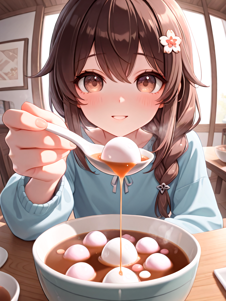 absurdres, explicit, tangyuan feeding, incoming food, blurry foreground, fisheye, pov, 1girl, shy, smile, holding spoon, hand up, sitting, soup, table, steam, steaming food, close-up, foreshortening, reaching towards viewer, single braid, brown hair, hair ornament, parted lips, <lora:girlliketangyuanfeeding_ilxl:0.8>