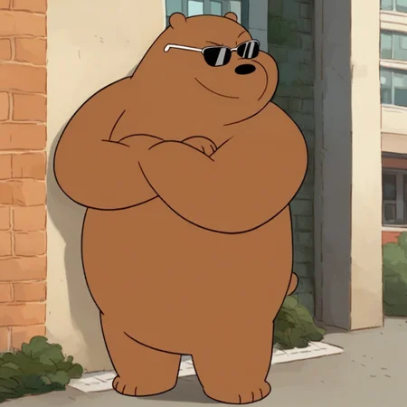 score_9, score_8_up, score_7_up, grizz, 1boy, male focus, furry male, anthro, solo, grizzly bear, brown fur, black eyes, dot eyes, black nose, small ears, bear tail, paw pads, sunglasses, standing, against wall, smirk, crossed arms, outdoors, sidewalk, city