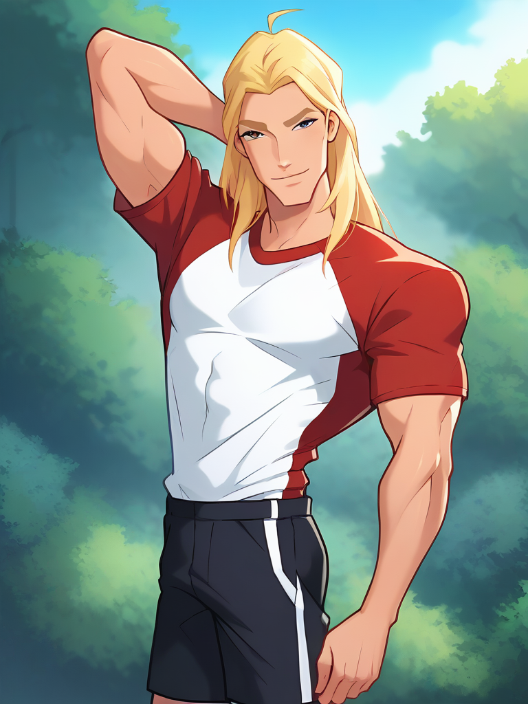 score_9, score_8_up, score_7_up, anime, 1man w1nx_m6le9,  from waist up, t-shirt, shorts, outdoors, long hair, centerpart, blonde hair, arm behind head, smile, 
<lora:Winxm_pxl_0.1:0.9>
<lora:Smooth Anime 2 Style SDXL_LoRA_Pony Diffusion V6 XL:1>