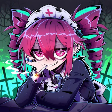 1girl, solo, teto kasane, maid, upper body, multiple ear piercing,multiple earrings, deformed, big eyes, detailed eyes, smoking, depressed, bags under eyes, twin drills, acid_trip, abstract background, green_theme, leaning forward, elbow rest, hair hair between eyes, long bangs, chromatic aberration, sad smile, stifled laugh, cross, multiple rings, colored inner hair, long nails, maid headdress, mouth hold,
masterpiece,best quality,absurdres,highly detailed, artist:imazawa, head rest, teeth, <lora:vivid:0.6>, <lora:spo_sdxl_10ep_4k-data_lora_webui:1>, graveyard, simple backgroundred eyes, symbol-shaped pupils,