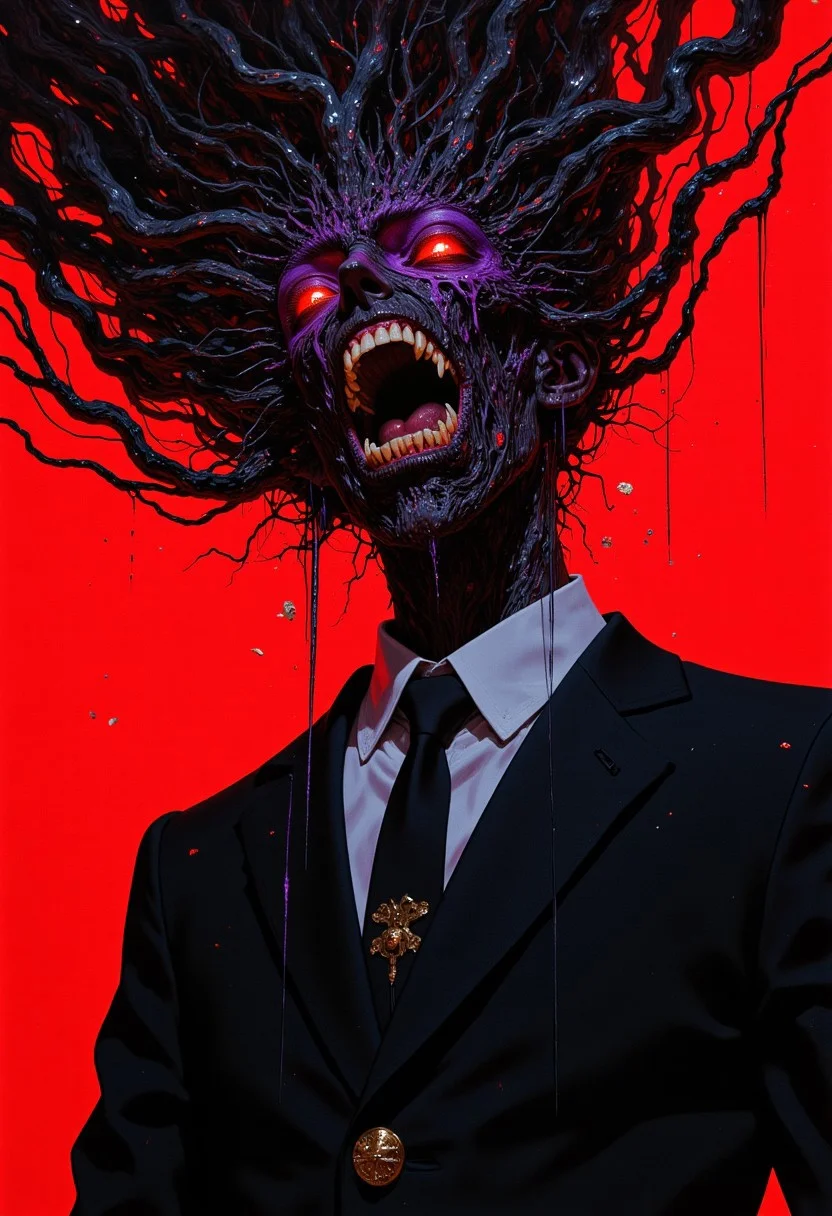 weibo, drawing, illustration retro 90's, black, red, purple, yoji shinkawa, James Jean, Ayami Kojima, A dark, surreal illustration captured from a low-angle, close-up face perspective, emphasizing the terrifying features of a shadowy humanoid figure. Its head is transformed into a chaotic mass of writhing black tendrils and monstrous shapes, with glowing red and purple eyes emerging ominously from the void. The low-angle view accentuates the figure's menacing presence, while the close-up highlights the grotesque details of its wide-open mouth filled with sharp, jagged teeth, dripping with black fluid. The figure wears a formal black school uniform with gleaming gold buttons, creating a stark contrast against the solid, intense red background. This composition blends horror and surrealism, with sharp, anime-inspired details capturing a nightmarish and oppressive atmosphere. featured on pixiv, surreal_horror, closeup_face, low_angle, humanoid_figure, black_tendrils, glowing_eyes, jagged_teeth, dripping_black_fluid, school_uniform, red_background, nightmare_aesthetic, anime_style, ominous_mood, chaotic_detail, menacing_perspective. DB4RZ, DB4RZ style painting, A digital artwork in the style of bladerunner.