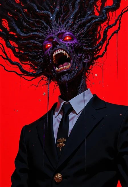 weibo, drawing, illustration retro 90's, black, red, purple, yoji shinkawa, James Jean, Ayami Kojima, A dark, surreal illustration captured from a low-angle, close-up face perspective, emphasizing the terrifying features of a shadowy humanoid figure. Its head is transformed into a chaotic mass of writhing black tendrils and monstrous shapes, with glowing red and purple eyes emerging ominously from the void. The low-angle view accentuates the figure's menacing presence, while the close-up highlights the grotesque details of its wide-open mouth filled with sharp, jagged teeth, dripping with black fluid. The figure wears a formal black school uniform with gleaming gold buttons, creating a stark contrast against the solid, intense red background. This composition blends horror and surrealism, with sharp, anime-inspired details capturing a nightmarish and oppressive atmosphere. featured on pixiv, surreal_horror, closeup_face, low_angle, humanoid_figure, black_tendrils, glowing_eyes, jagged_teeth, dripping_black_fluid, school_uniform, red_background, nightmare_aesthetic, anime_style, ominous_mood, chaotic_detail, menacing_perspective. DB4RZ, DB4RZ style painting, A digital artwork in the style of bladerunner.