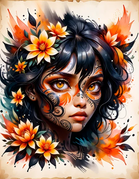 Ink and watercolor illustration on parchment. Portrait. In the midst of a dark fantasy realm, a mysterious african female, black hair, orange eyes. tattoos. Orange flowers. eye focus. sensual. Mystic powers. Tribal aesthetic. Bokeh blur <lora:ral-dstgrtptrn-sdxl:1> made out of ral-dstgrtptrn