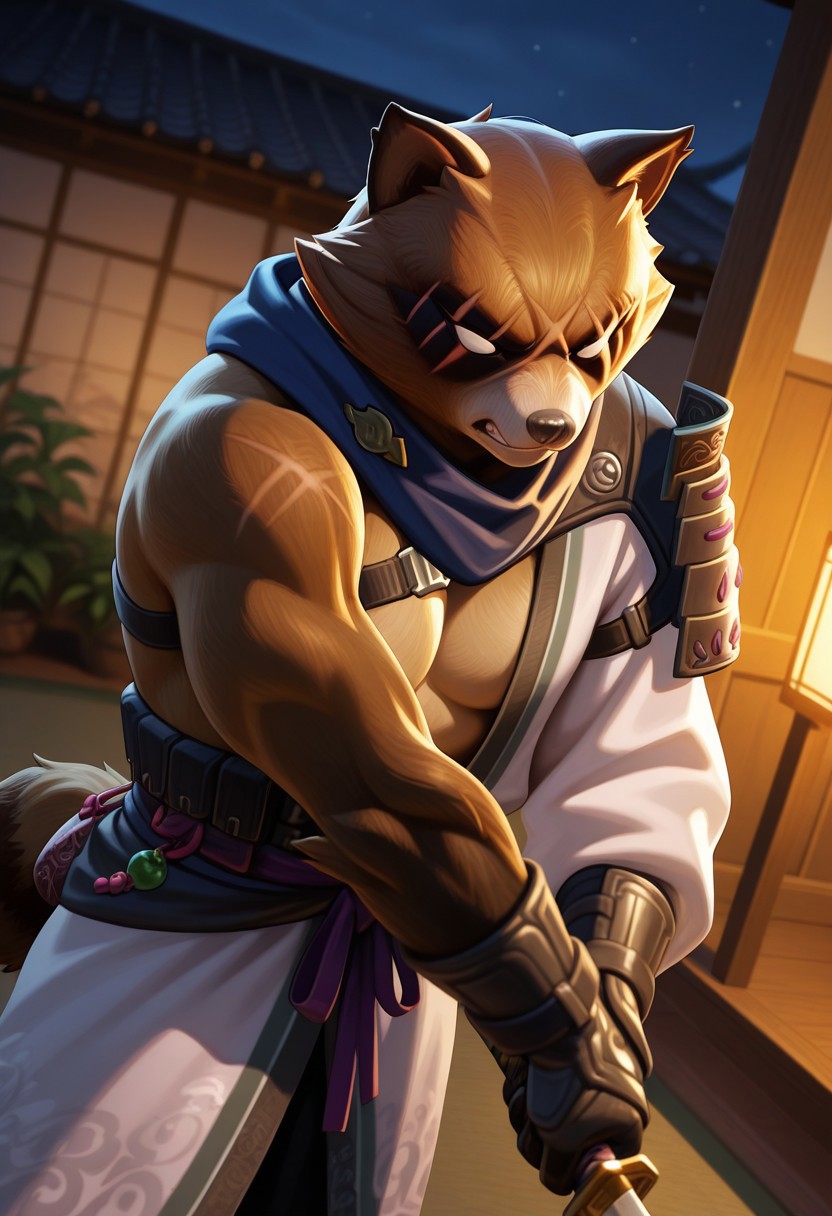 hajime, solo, furry, tanuki, perfect eyes, perfect face, angry, brown fur, tail, no pupils, white sclera, muscular, manly, mature, scar, scar on eyes, large pectorals, dynamic angle, single pauldron, gloves, holding sword, standing, action pose, japanese garden, unparalleled masterpiece, best quality, amazing quality, very aesthetic, high resolution, 4K, extremely-detailed, depth of field, high sharpness, newest, scenery, detailed fur, detailed muscles, cinematic lighting, photorealism, (soft shading),  <lora:HajimeV1:1>
