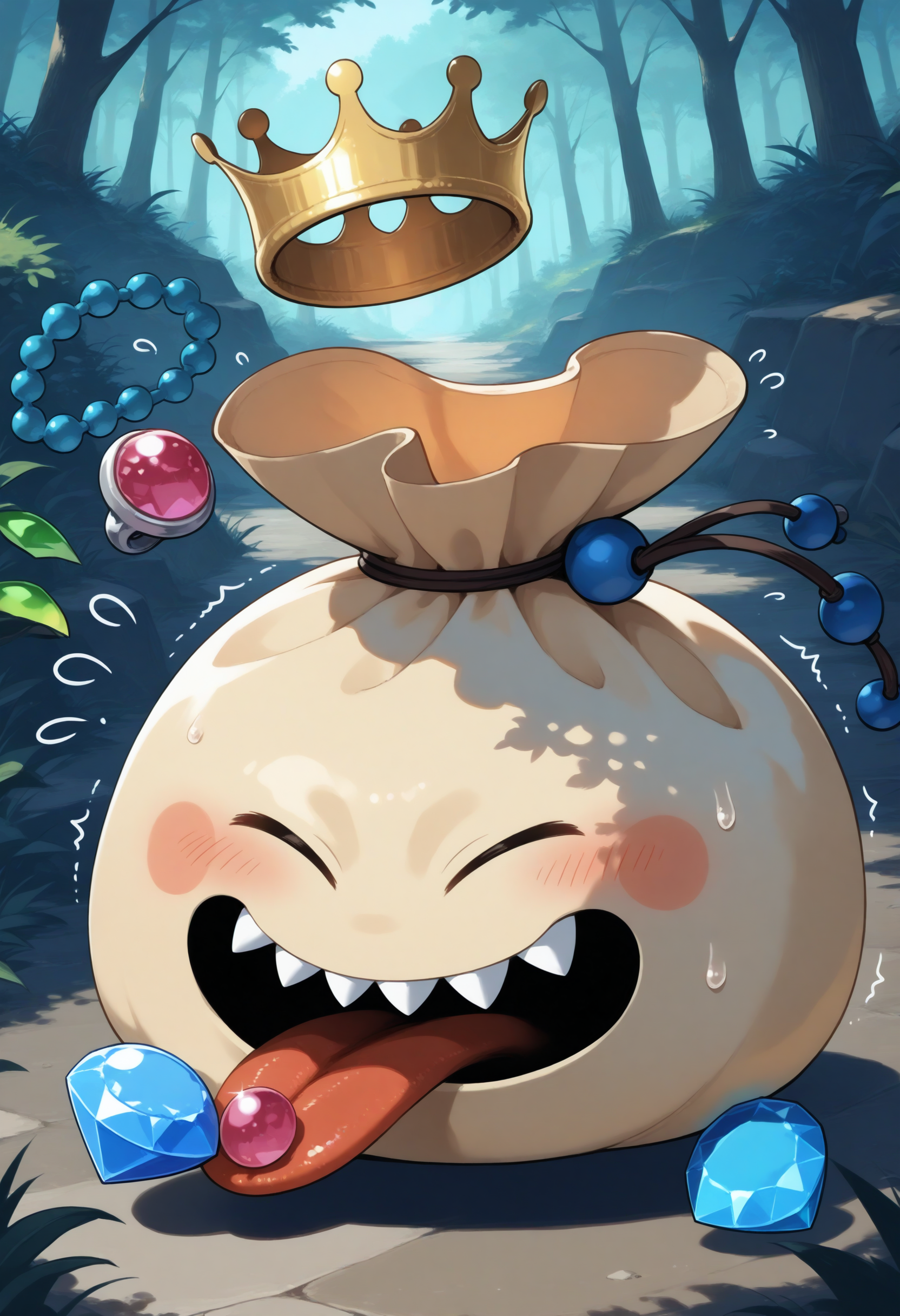 masterpiece,extreme detailed,outdoors,dungeon BREAK no humans,no_legs,full body,
BREAK goodybag_(dq),crown,no humans,gem,necklace,sharp teeth,open_eyes,tongue,<lora:goodybag_(dq)-NAI:1>,blush,closed eyes,sweatdrop,flying sweatdrops,closed mouth,scared,shaking,