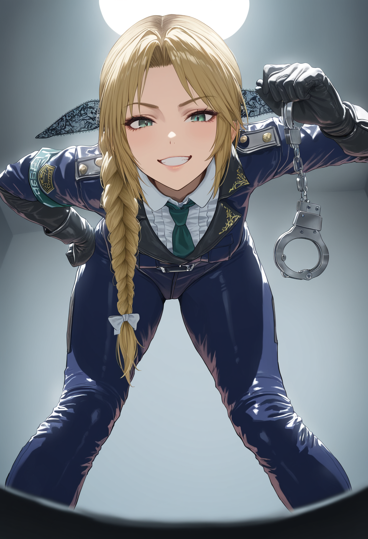 masterpiece,best quality,high score,great score,absurdres,ultra details,
helena \(doa\),1girl,blonde_hair, solo,black hair bow, lace hair bow, 
looking_at_viewer, 
leaning_forward,disdain,grin,from below,police_uniform,police_hat,holding handcuff,arresting,looking at viewer,  
first person view, <lora:doa_helena_Anim4gine_v10:0.9>