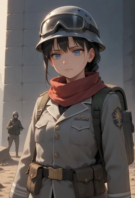 score_9, score_8_up, score_7_up, easynegative, realistic style, symphtia-style, dim lighting, detailed face, 1girl, blue eyes, black hair, (single braid: 1.2), ((small breast)),
wehr, grey military uniform, grey helmet, goggles on helmet, scarf, backpack, ammunition pouch, (head down:1.2), looking down, black eyebags, tired face, BREAK dark, portrait, from side, hand on helmet, outdoors, ((torn clothes)), Dirty Clothes, Blood on clothes,