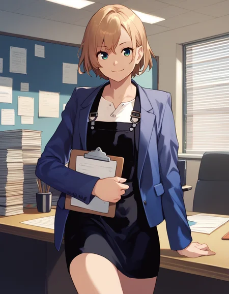 score_9, score_8_up, score_7_up, source_anime
<lora:miyamori-ponyxl-000006:1> miyamori, white shirt, blue jacket, pinafore dress, black dress, short dress,
1girl, light smile, office, clipboard