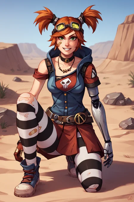 score_9, score_8_up, score_7_up, BREAK , 1girl, solo, looking at viewer, breasts, <lora:gaigebl2-guy-v1PONYXL:1>, gaigebl2, goggles on head, twintails, freckles, bandaid on face, single mechanical arm, choker, gloves, belt, skirt, hood, necklace, striped pantyhose, torn clothes, outdoors, desert, rock, light smile, teeth, on one knee, cliff, shoes,