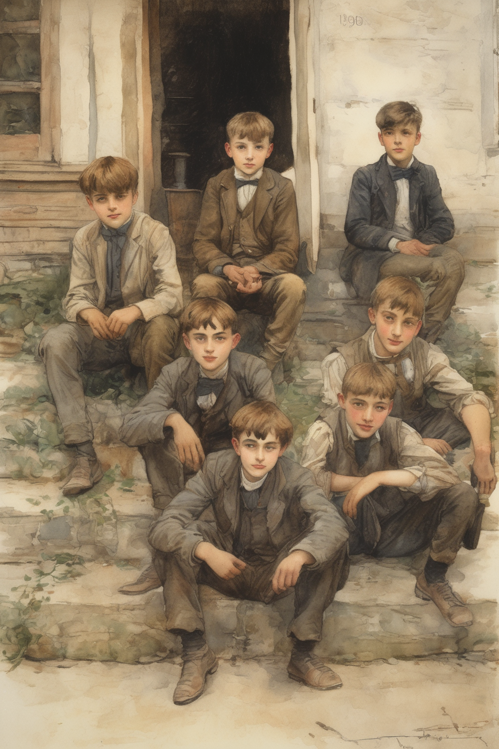 Jules Bastien-Lepage Style - school, boys, 13-14 years old, gathering, 1900's, Europe, watercolor illustration style