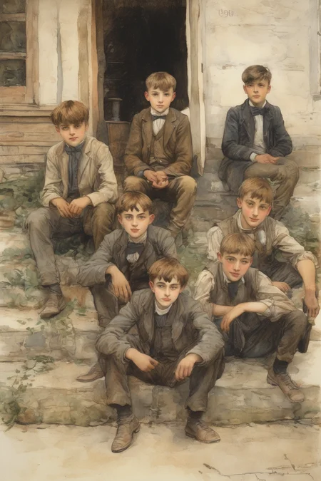 Jules Bastien-Lepage Style - school, boys, 13-14 years old, gathering, 1900's, Europe, watercolor illustration style