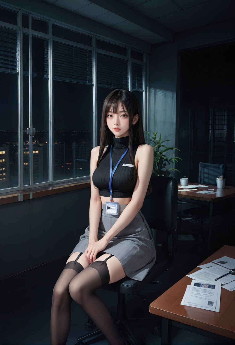 ,ruanyi0943,blinds,indoors,paper,
,ruanyi0897,black thighhighs,garter straps,turtleneck,id card,lanyard,grey skirt,crop top,black sleeveless sweater,long skirt,chair,sitting,
night,dark,<lora:0943 Untitled_v1_pony:0.9>,<lora:0897 Home wear 3_v1_pony:0.7>, score_9,score_8_up,score_7_up,,8k,1girl,solo,,