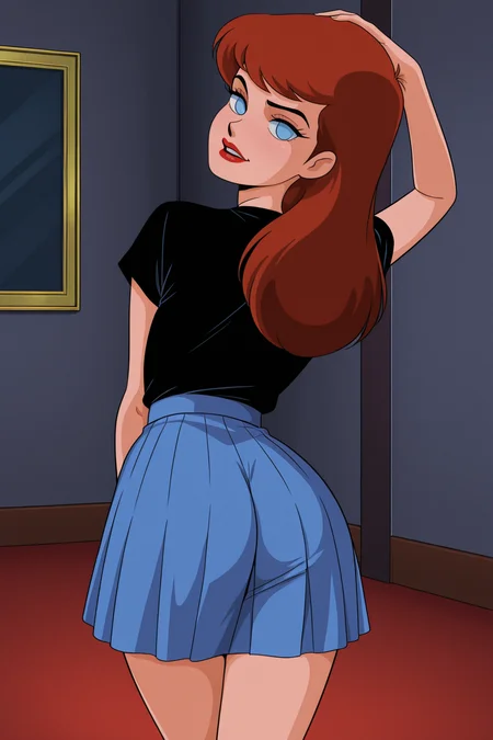IllusP0s ((retro artstyle, 1980s (style), parody), perfect anatomy, perfect eyes, cowboy shot, from behind) BREAK <lora:BatgirlIL:0.8> barbara gordon, blue eyes, no pupils, long hair, red hair, lipstick, red lips, sultry eyes, lust face, ((looking back at viewer)), black shirt, shirt, short sleeves, blue skirt, arched back, standing, model pose, hand on head, indoors