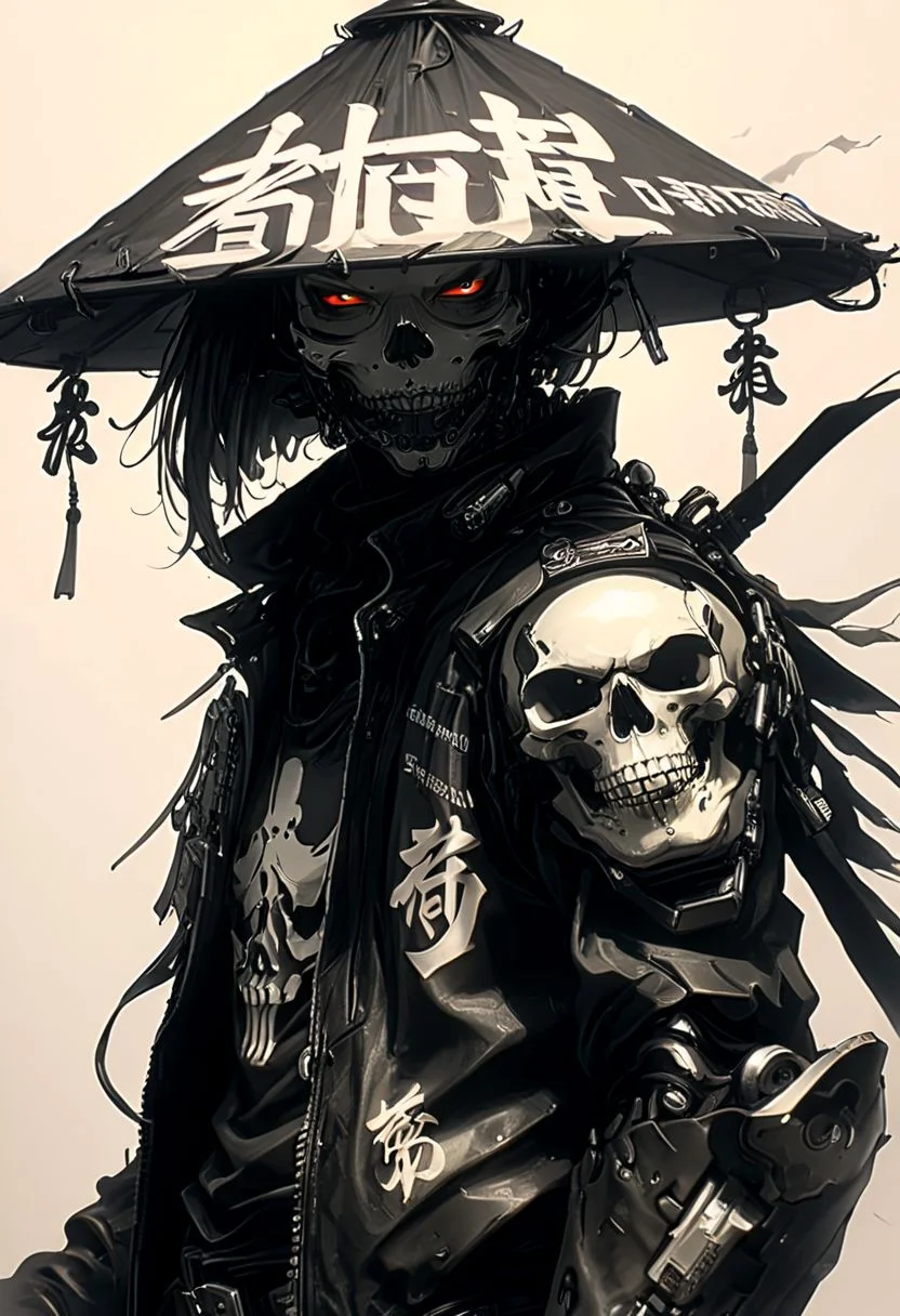 assassinkahb style, a black and white photo of an Cyborg Samurai assassin wearing a motorcycle jacket with japanese writing on the back, solo, simple background, shoulders implementations of wires and nano Future Tech, Large sedge hat, 1boy, white background, jacket, monochrome, upper body, greyscale, male focus, long hair in wind, weapon, clothes writing, skull, skeleton, japanese flag, creating a Synthwave sunrise scene with bleaked dark colorful Neon and black details,