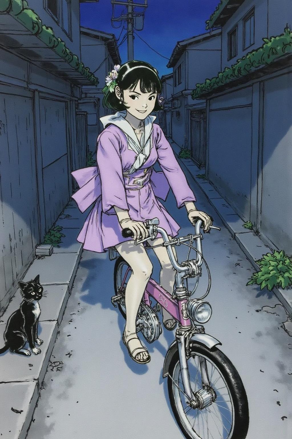 kj9 illustration.
A Japanese school girl riding a old style bicycle through a narrow, quiet street at night. The happy woman wears a simple, flowing purple dress. In the corner, a small black cat with piercing eyes sits watching her quietly. The mood is tranquil and slightly magical. <lora:kj91_cap_d6a3e12:1.0><lora:819911640796393664:0>