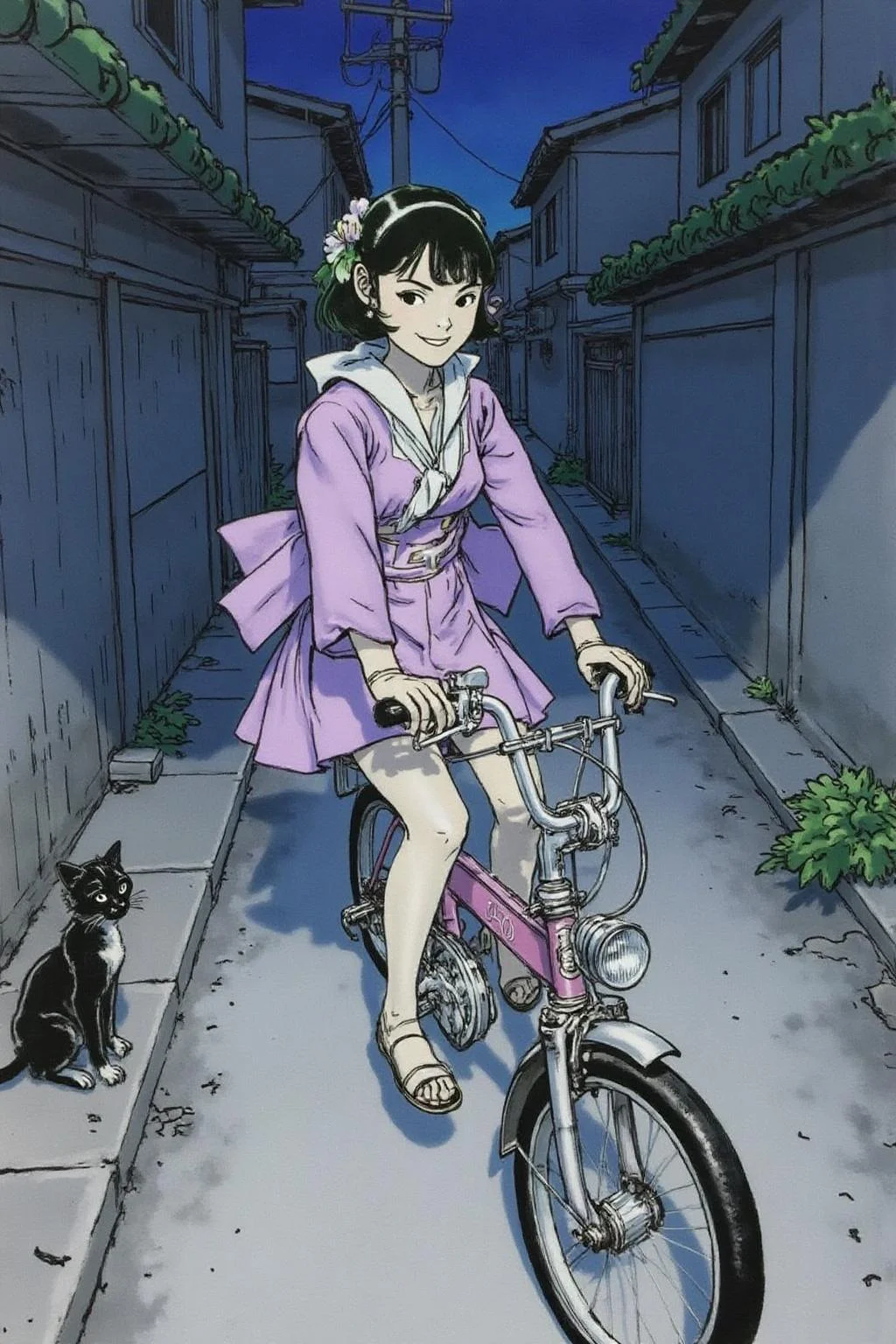 kj9 illustration.
A Japanese school girl riding a old style bicycle through a narrow, quiet street at night. The happy woman wears a simple, flowing purple dress. In the corner, a small black cat with piercing eyes sits watching her quietly. The mood is tranquil and slightly magical. <lora:kj91_cap_d6a3e12:1.0><lora:819911640796393664:0>