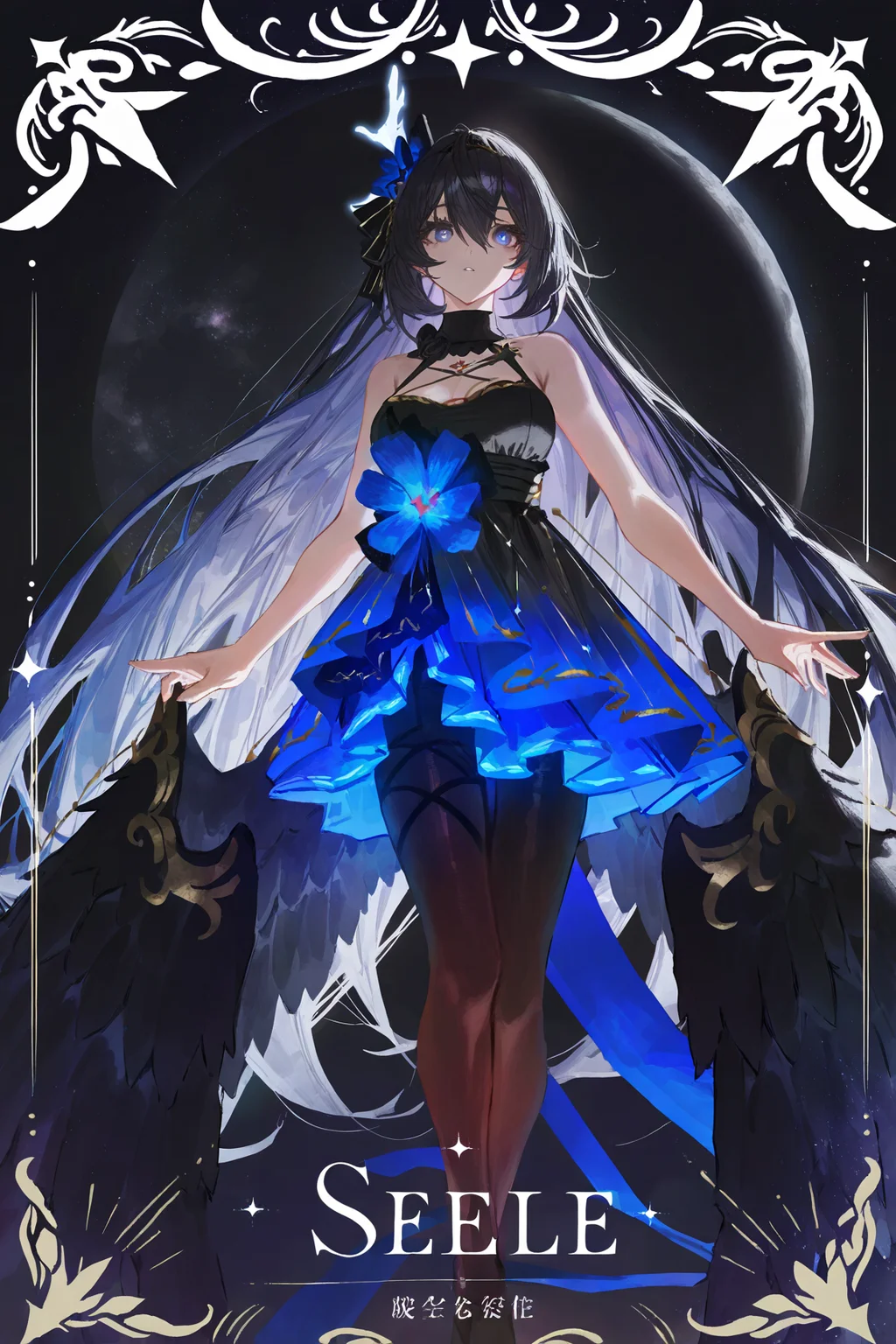8k, masterpiece, best quality, amazing quality, very aesthetic, absurdres, (ultra-detailed), (high detailed skin),
((artist:betabeet)), artist:john_kafka, artist:nixeu, artist:quasarcake,
original, normal_quality, (by xilmo, by modare, by reoen:1.1), (hyperrealistic:1.1), (high_contrast:1.1), (holy_(\theme\):1.2), (card_\(theme\):1.1), solo, long hair, fur trim, large breasts, (black-color-scheme:1.1), character card, abstract sun, moon and stars, thick line,
<lora:xierssyy-noob-Tanger-000010:0.8>, xier, yongye, second clothes, black sleeveless dress, black hair ornament, black low wings, 1girl, blue eyes, long hair, black hair, black pantyhose, bare shoulders, seele vollerei, bangs,
<lora:neg101-000008:0.5>, murals, holy light, mural moon, simple black background, angels come, stars, card border, frame pattern,