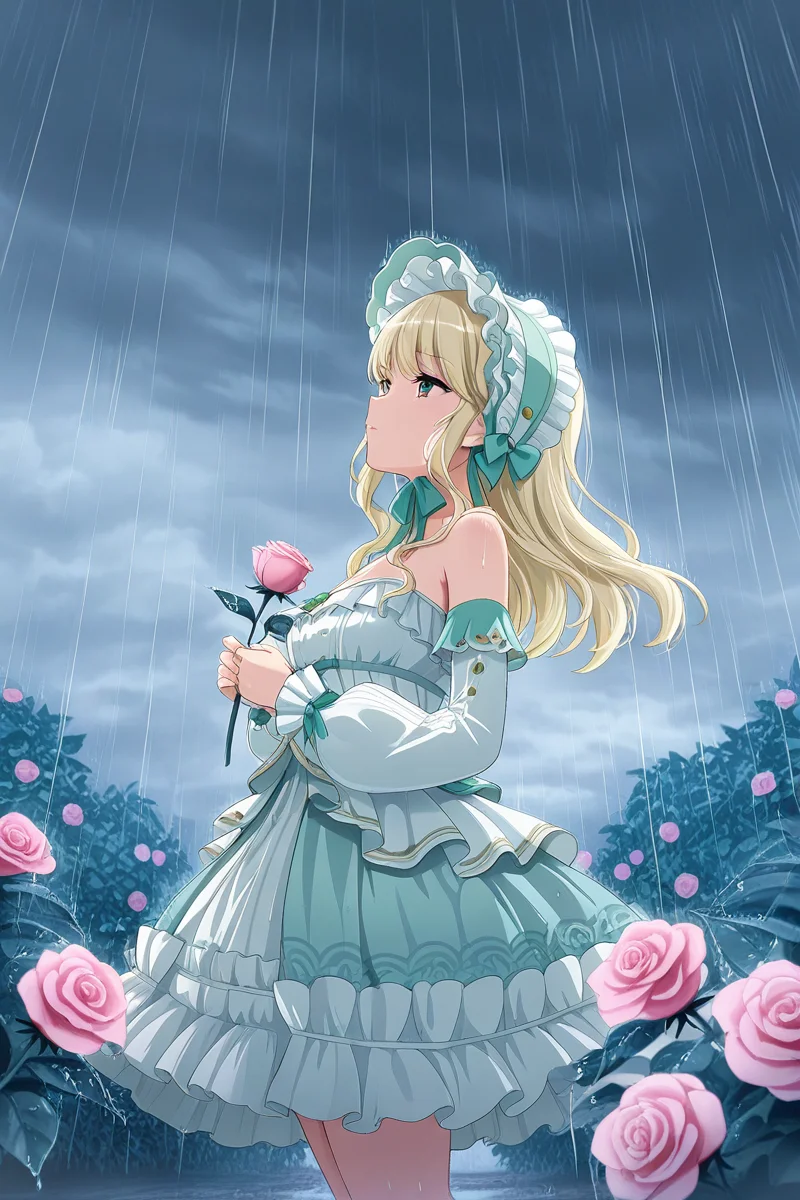 masterpiece, best quality, amazing quality,
<lora:Shiori_IL:1> shiori, 1girl, flower, solo, rain, dress, blonde hair, long hair, rose, pink flower, pink rose, bonnet, outdoors, detached sleeves, cloud, sky, frills