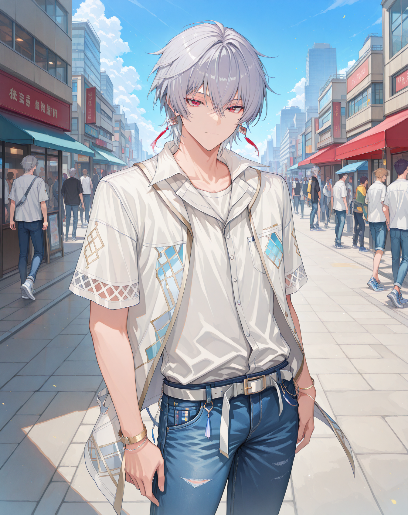 masterpiece, best quality, absurdres, very aesthetic,
1boy, solo, yaoi, male focus,
looking at viewer, cowboy shot, standing,
<lora:AsinT_Summer_ilxl:1> asintsummer, red eyes, short hair, grey hair, hair between eyes,
white shirt, jeans, sneakers,
outdoors, day, blue sky, building, people,