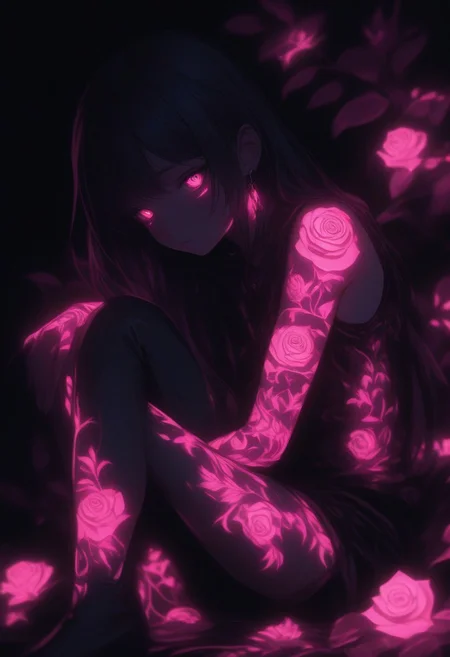 Generate a high-contrast anime-style illustration of a girl sitting in a dark room, her body adorned with glowing neon pink rose tattoos. The intricate floral designs illuminate the shadows around her, creating a soft but intense glow. Her expression is serene and mysterious, with a soft light filtering through abstract shapes. --ar 3:4 --style raw --stylize 800 --niji 6