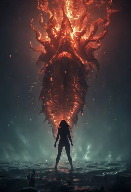 underwater In deep sea, a busty adult brunette blushed lightly Smiling pureerosface_v1 Mermaid with Long DARK fishtail, thin face, Freckles, infront of a burning giant titan Red fmb jellyfish, Overgrown, mystic, ethereal, darkness, 
atmospheric haze, Film grain, cinematic film still, shallow depth of field, highly detailed, high budget, cinemascope, moody, epic, OverallDetail, 2000s vintage RAW photo, photorealistic, candid camera, color graded cinematic, eye catchlights, atmospheric lighting, imperfections, natural, shallow dof