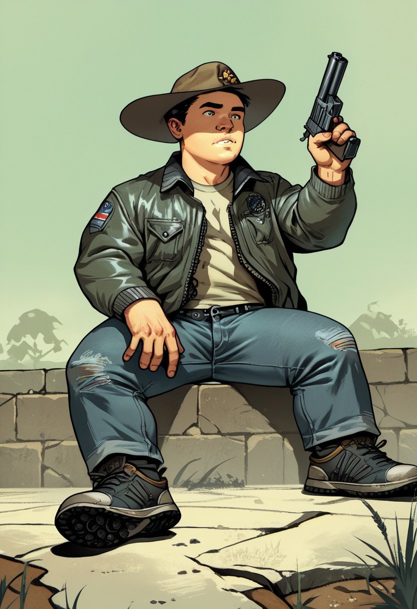 score_9, score_8_up, score_7_up, masterpiece-level, highly detailed, carlgrimescomic, 1boy, solo, male focus, front view, hat, cap, gun, denim, jacket, black eye, black hair, shoes