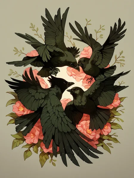 score_9, score_8_up, score_7_up, score_6_up, score_5_up, 1girl, <lora:t3ngXLP:1> t3ng, 1girl, flower, crow