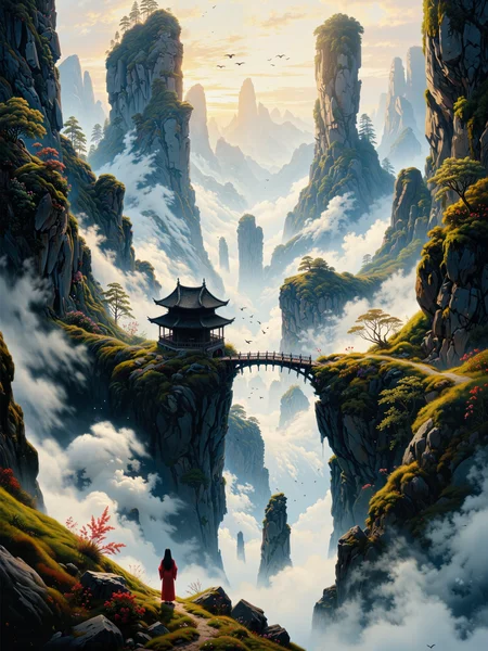 famous artwork, masterful use of light and shadow, masterful composition following the rule of thirds, chiaroscuro, dappled sunlight, at dawn, romanticism oil painting of the floating peaks of zhangjiajie in the style of caspar david friedrich, towering sandstone pillars rising through a sea of mist, their sheer cliffs overgrown with lush green vegetation with small accents of colorful wildflowers, the scene is bathed in a golden morning light, soft rays piercing through the ethereal mist, casting long shadows and highlighting the rugged texture of the stone, delicate wisps of cloud wrap around the formations, further emphasizing their towering grandeur, the atmosphere is serene yet awe-inspiring, evoking a sense of the sublime, a narrow, winding mountain path leads toward a detailed wooden bridge that connects two towering peaks, an ancient and awe-inspiring temple built in traditional chinese style sits atop a pillar in the middle ground, its curved roof and ornate details blending harmoniously with the natural landscape, in the foreground a lone woman in traditional chinese robes stands at the edge of a precipice, gazing into the vast expanse before her, evoking a deep sense of solitude and contemplation, her figure small against the grandeur of nature, the background reveals layers of mist-covered mountains fading into the distance, the farthest peaks dissolving into soft hues of blue and gray, enhancing the sense of vastness and depth, birds with outstretched wings glide through the mist, their silhouettes adding movement and vitality to the composition, the brushwork is masterful, combining delicate detailing in the rocky cliffs and foliage with expressive, sweeping strokes for the clouds and sky, the color palette is rich yet atmospheric, dominated by warm golden hues, cool blues, and deep earthy greens, the interplay of light and shadow is skillfully rendered, enhancing the dramatic, almost dreamlike quality of the painting, painted with oil on canvas using a luminous glaze technique, subtle impasto adding texture to the rocky formations, soft diffused edges in the mist creating an ethereal quality, a tribute to the romantic eraâs celebration of untamed nature and human insignificance in the face of its majesty, capturing the spirit of wanderlust and the sublime, an exquisite and timeless masterpiece, style of rembrandt, <lora:style-caspar_david_friedrich-flux-by_tiberiana:0.84> <lora:style-fantastic_landscapes-flux-by_artifyai:0.24> <lora:style-rembrandt-flux-by_tangbohu:0.48> <lora:image_enhancer-flux-by_dever:0.8>