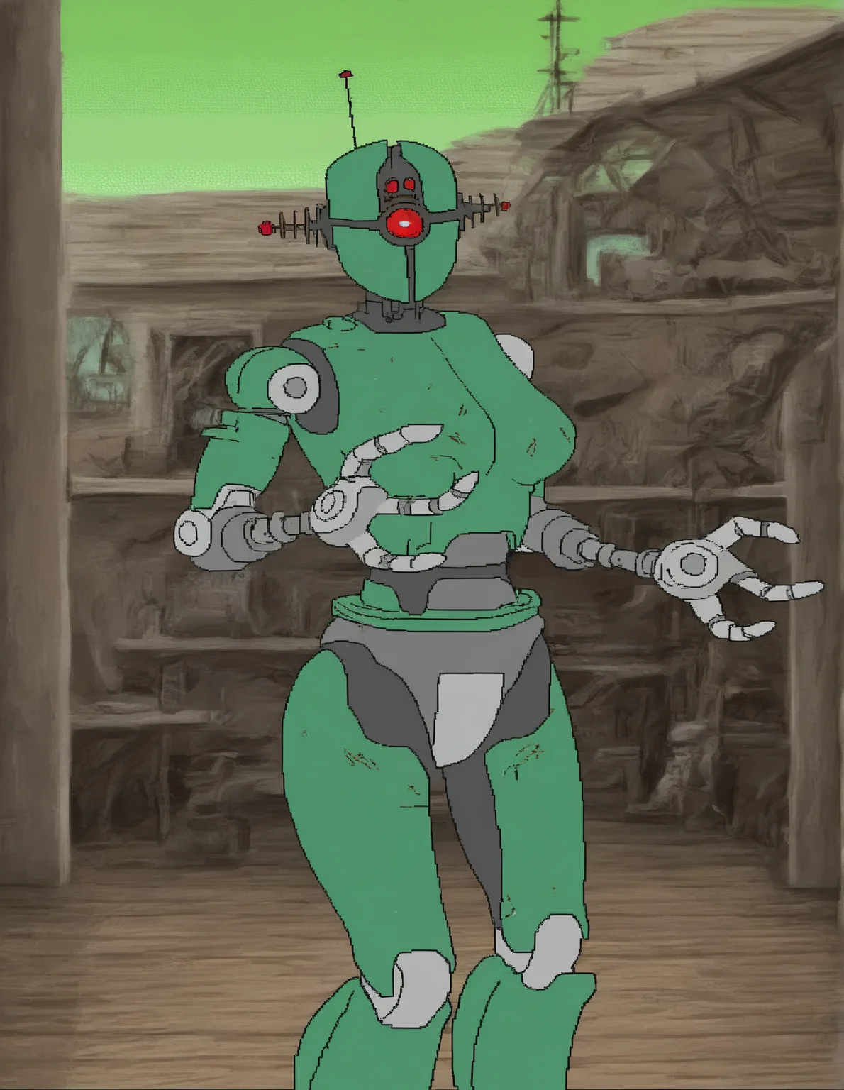 <lora:cdi-style_vpred-noobaiv10_:1> <lora:Assaultron_noob-vpred-1.0_:0.8> cdi style, indoors, flat color, jaggy lines, assaultron \(fallout\), assaultron, fallout, 1girl, solo, breasts, looking at viewer, robot, humanoid robot, machine, robot joints, one-eyed, joints, mechanical arms, crotch plate, science fiction, outside, green armor, robotic hand, 3 fingers, detailed background, outside, green sky,âââ radio antenna,âââ