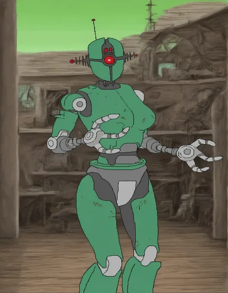 <lora:cdi-style_vpred-noobaiv10_:1> <lora:Assaultron_noob-vpred-1.0_:0.8> cdi style, indoors, flat color, jaggy lines, assaultron \(fallout\), assaultron, fallout, 1girl, solo, breasts, looking at viewer, robot, humanoid robot, machine, robot joints, one-eyed, joints, mechanical arms, crotch plate, science fiction, outside, green armor, robotic hand, 3 fingers, detailed background, outside, green sky,âââ radio antenna,âââ