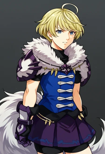 score_9, score_8_up, score_7_up, source_anime, BREAK <lora:zs_FE9PortraitsXL:1> fe9portraits, solo, cowboy shot, simple background, <lora:MerrinFE-pdxl:1> defMerrin, short hair, ahoge, blue shirt, fur collar, turtleneck, short sleeves, elbow pads, gauntlets, purple skirt, pleated skirt, bike shorts, wolf tail, black thigh strap