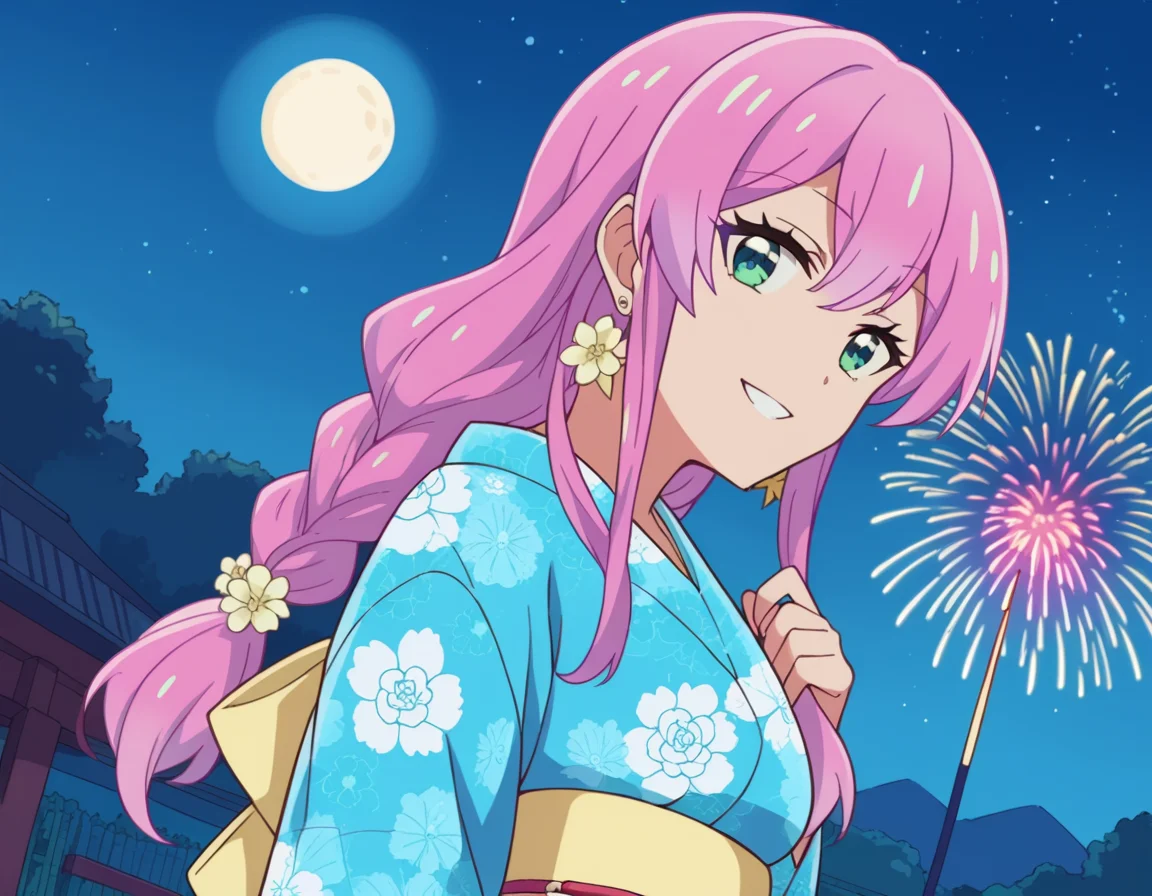 score_9, score_8_up, score_7_up, source_anime,
akariwatanabe, <lora:akari-watanabe-s1-ponyxl-lora-nochekaiser:1>,
akari watanabe, long hair, pink hair, multicolored hair, aqua eyes,
jewelry, braid, earrings, japanese clothes, kimono, sash, obi, yukata, blue kimono, flower, flower print,
outdoors, fireworks, night, moon, starry sky, smile,
cowboy shot, looking at viewer, solo, dutch angle,