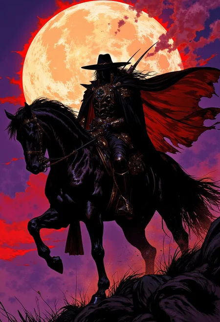 weibo, drawing, illustration retro 90's, Yoshitaka Amano, Ayami Kojima, chromatic aberration, detail, high contrast, cinematic view, volumetric lighting, perspective, vampire_hunter, gothic_fantasy, full_moon_background, long_black_hair, golden_details, purple_twilight, red_sky, dramatic_lighting, eerie_atmosphere, fantasy_art, dark_romantic, horseback, misty_night, eerie_moonlight, dramatic_silhouette, gritty_texture, melancholic_mood, thick_linework, surreal,cinematic, intense_detail,photorealistic,(sharp focus:1.3). A stylized character with a striking appearance. a close-up of a dramatic and dark illustration of a mysterious vampire hunter on horseback, silhouetted against a large, glowing full moon. The hunter wears a wide-brimmed hat, enhancing their enigmatic presence. Their long cloak flows behind them, blending into the shadows, while they hold a crossbow confidently in one hand. The horse is equally shadowed, its muscular form and powerful stance adding to the intense atmosphere. The lighting is eerie and moonlit, creating a high-contrast effect that highlights the hunter’s silhouette against the misty, cloudy night sky. The overall scene has a gothic, dark fantasy style, evoking a sense of danger and solitude, supernatural threats in the night. The image is highly detailed, with a focus on the textures of his suit, the sharpness and the way his interacts with the.
DB4RZ, DB4RZ style painting